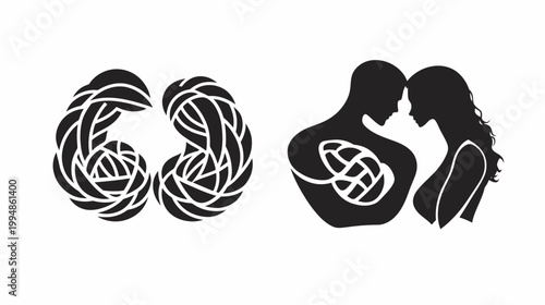 Silhouettes of a couple and abstract shapes, rendered in black and white, against white background