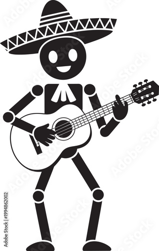  cinco de mayo Acoustic guitar with clip art, black and white, and character in outline style icon set