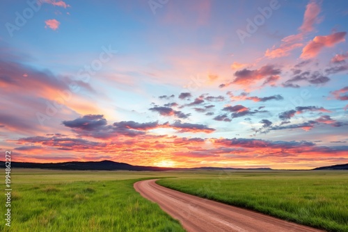 Sunset View Along a Winding Dirt Road in an Open Field Near Mountains