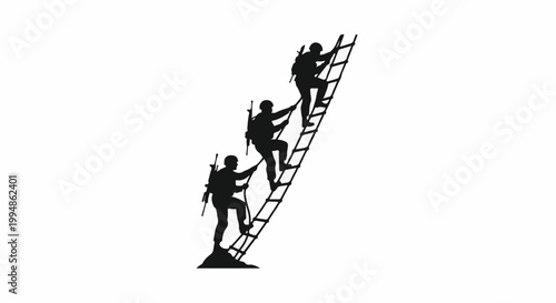 Silhouetted figures ascending a rope ladder, representing a challenging climb