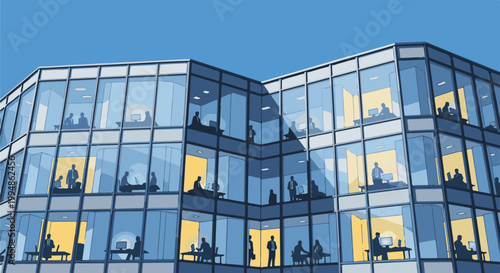 Silhouetted office workers engage in various tasks within a modern glass building
