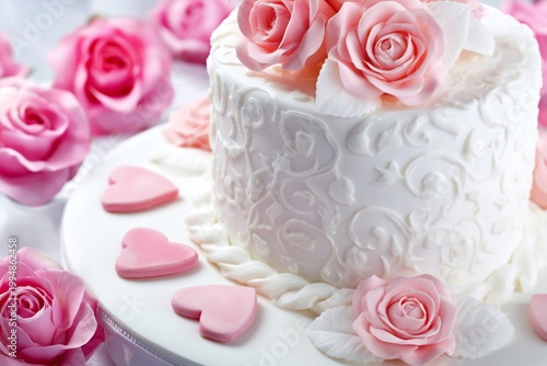 Cake With Pink Roses and Heart Decorations for a Celebration