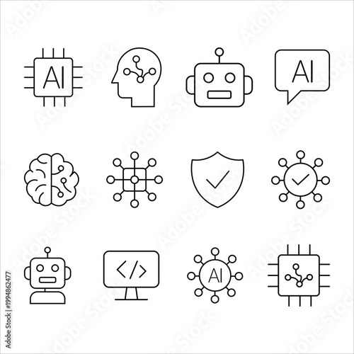 Artificial Intelligence Line Icon Set, AI Technology Outline Icons Collection