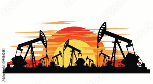 Silhouetted oil pumps against a vibrant sunset sky