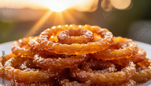 A plate showcases golden, syrupy jalebi against a glowing sunset. The jalebi glistens and the sunlight highlights its intricate, circular shapes.