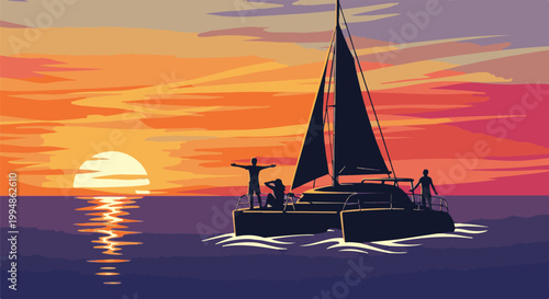 Silhouettes of people on a catamaran, enjoying a vibrant sunset over the ocean