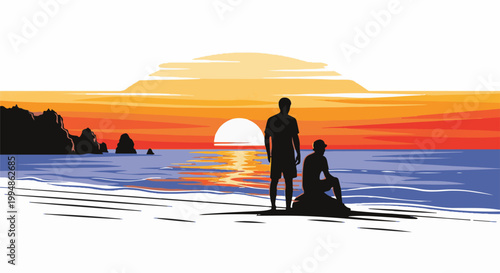 Silhouettes of two people on a beach watching a vibrant sunset over the ocean