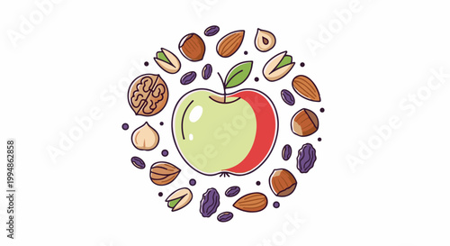 Simple illustrated circular arrangement of an apple, nuts, and berries against a white background