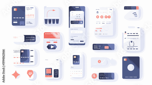 Canvastavla fintech mobile app ui kit with payment cards and transaction elements flat desig