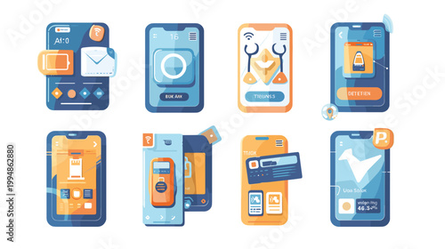 mobile app ui screens for van life travel and camper routes flat design vector illustration