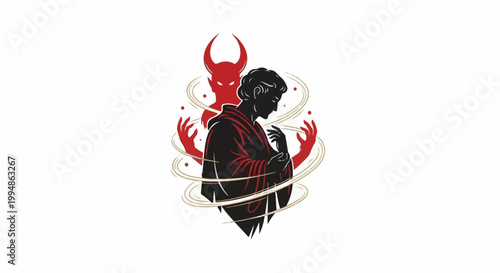 Silhouette figure in red robes, shadowed by a red horned demon