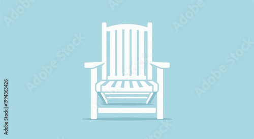 Simple white wooden chair with slatted design on light blue background
