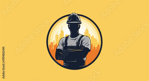 Silhouette of a construction worker in hardhat with arms crossed, against a city skyline