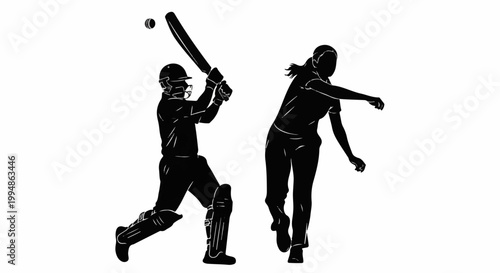 Silhouette of a cricket batter swinging at a ball thrown by a bowler