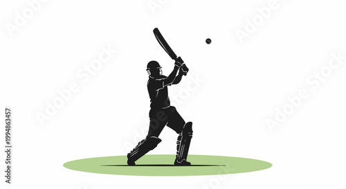 Silhouette of a cricket player swinging a bat at a ball