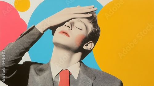 Man's contemplation: A man with a hand on his forehead, looking deep in thought against a vibrant background of colorful circles, evoking a sense of introspection and thoughtfulness.