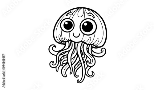 Playful cartoon jellyfish with big eyes and curly tentacles kids coloring page line art vector