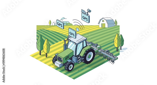 Smart Farming and Precision Agriculture Concept with GPS Guided Tractor Isometric Illustration