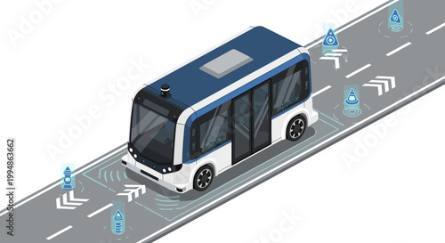 Autonomous Self-Driving Electric Shuttle Bus in Isometric View, Smart City Future Public Transportation Concept with Digital Sensors and Radar on Road