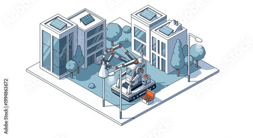 Isometric Smart City Illustration with Robotic Maintenance Vehicle Fixing Streetlight and Solar Powered Buildings for Sustainable Urban Infrastructure Concept