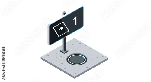 Isometric 3D Futuristic Teleportation Portal with Navigation Sign Number 1, Modern Sci-Fi Transport Station Icon Isolated on White