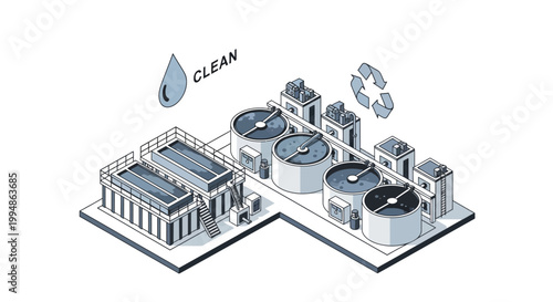 Isometric Wastewater Treatment Plant Illustration: Modern Water Purification System for Industrial Sustainability and Eco-Friendly Recycling Processes
