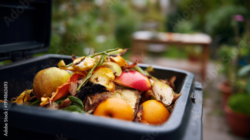 Overflowing compost bin with food scraps and fruit waste, household organic garbage concept, sustainability, biodegradable kitchen waste, recycling awareness, composting, zero wast