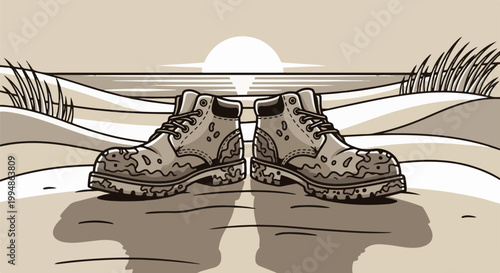 Sepia-toned illustration of work boots resting on sand dunes with a distant sun and sea horizon