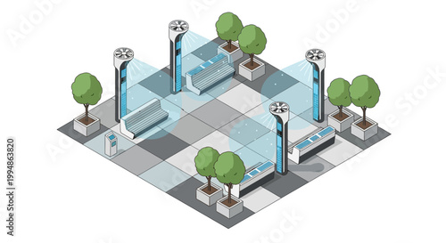 Futuristic Smart City Public Seating Area with Air Purification and Cooling Towers Isometric Urban Design