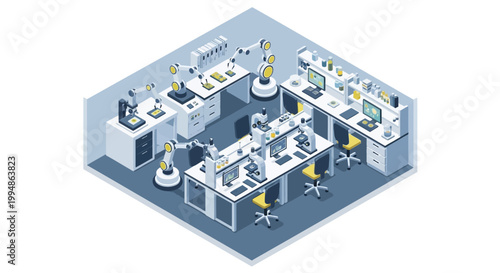 Isometric Automated Laboratory Concept with Robotic Arms, Microscopes, and Advanced Scientific Research Technology