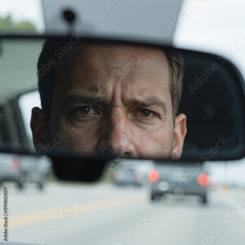 a man is looking at himself in the rear view mirror of a car