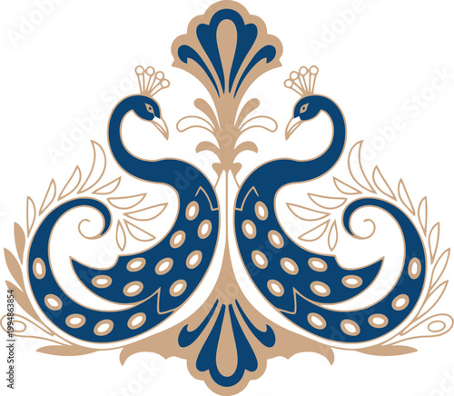 Intricate Decorative Motif Featuring Two Stylized Peacocks with Ornate Tail Feathers and Floral Embellishments