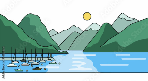 Serene bay with sailboats nestled between verdant, layered mountains under a bright sun