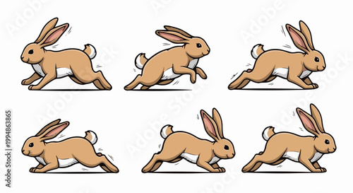 Six cartoon rabbits in different running poses, digitally illustrated with brown and white fur