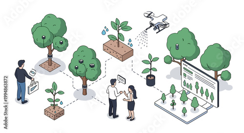 Smart Farming and Digital Forestry Management Concept with IoT Sensors, Drone Monitoring, and Data Analytics Visualization in Isometric Style