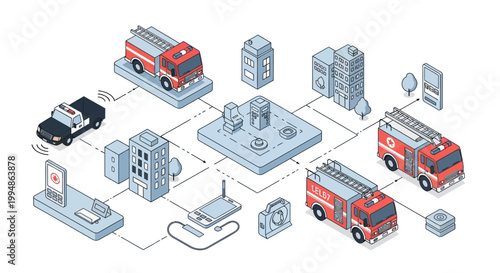 Isometric Smart City Emergency Services Network with Fire Trucks, Police Vehicle, and Dispatch Communication Infrastructure Illustration