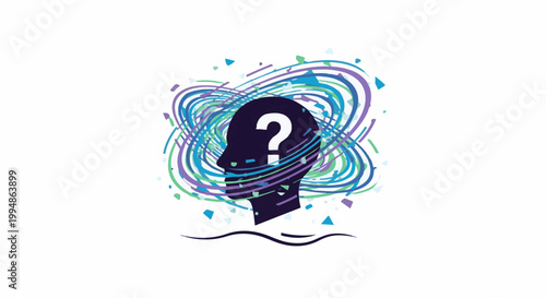 Silhouette of a head with a question mark, surrounded by swirling colorful abstract lines and shapes