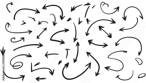 Set of hand drawn black sketch arrows with various shapes and directions showing movement and flow for creative design projects and business presentations