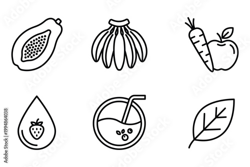 Healthy food and organic ingredients line icons set including fresh fruit and vegetables with vegetable strawberry nutrition