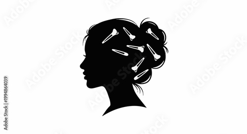 Silhouette profile of a woman's head with hair styled in an updo and secured with barrettes