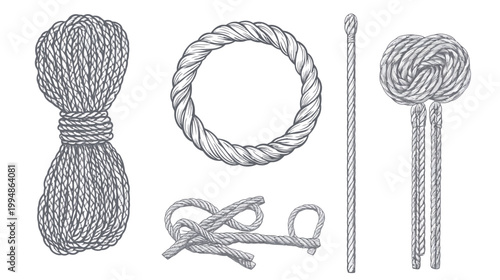 Detailed black and white illustration of different rope types and knots