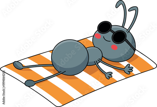 Cute ant wearing sunglasses sunbathing on towel in simple flat child friendly vector illustration cartoon summer relaxation style