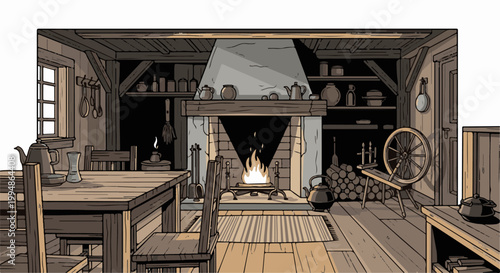 Rustic interior with a crackling fireplace, spinning wheel, and wooden table