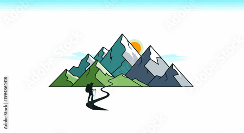 Silhouette of a hiker ascending a winding path towards a majestic mountain range under a bright sun