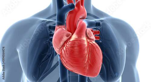 A detailed illustration of a human heart inside a transparent torso