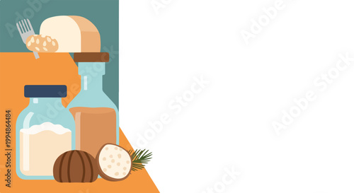 A minimalist vector graphic showcasing kitchen essentials like bread, oil, and flour bottles set against a modern, geometric backdrop.