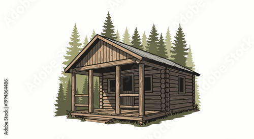 Rustic log cabin nestled amidst a dense forest of evergreen trees