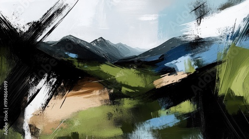 Painted Mountain Landscape: An impressionistic painting captures the majesty of mountain range, using bold brushstrokes of color to evoke a sense of vastness and natural beauty. 