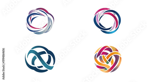 Four colorful abstract circular designs with interlocking ribbons in varying hues against a white background