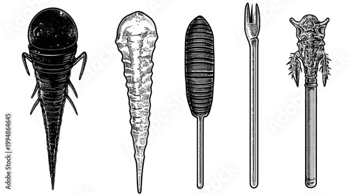 Black and white illustration of five stylized objects creature, icicle, cylinder, fork, and totem